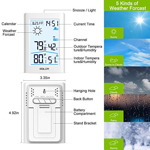 Slopehill Weather Station, Indoor Outdoor Thermometer Hygrometer with Remote Sensor, Digital Wireless Temperature and Humidity Monitor with Weather Forecast, Date/Time Display, Alarm Clock, Backlight - Thumbnail 2