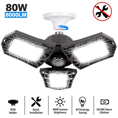 LED Garage Lights, 80W Deformable LED Garage Ceiling Light 8000LM Shop Lights Bulbs with 3 Adjustable Panels for Garage Workshop Basement Support E26/E27 Screw Socket