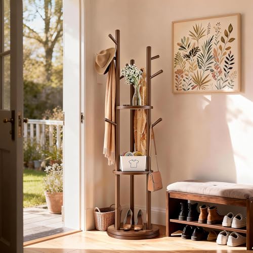 Solid Wood Rotary Coat Rack Freestanding with 3 Storage Shelves & 9 Hooks, Coat Tree for Entryway, Livingroom, Bedroom, Coat Hanger Stand for Coats, Scarves, Handbags, Hat