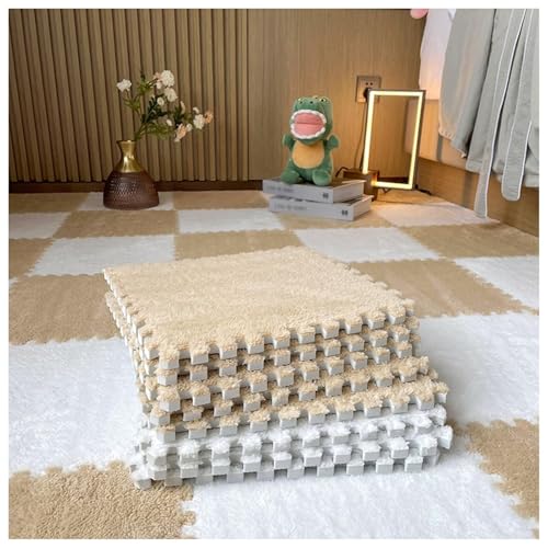12pcs Interlocking Foam Carpet Tiles, 12x12in Plush Puzzle Foam Floor Mat(White+Apricot)
