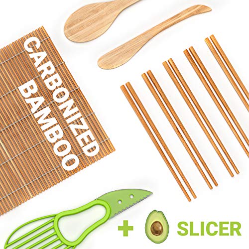 Sushi Making Kit - Bamboo Sushi Rolling Mat - Sushi Roller Set - Sushi Mat - Sushi Kit - Included 2 Rolling Mats - 5 Pairs Chopsticks - Paddle - Spreader + Avocado Slicer - Beginner's Guide (PDF)