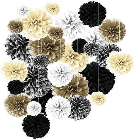 Tissue Paper Flowers Balck Gold and White Pom Poms 30 Pcs of 8,10,14 Inch Golden Time Theme Wedding Brithday Christening Party Decorations for Adults Boys Girls By Fadesun