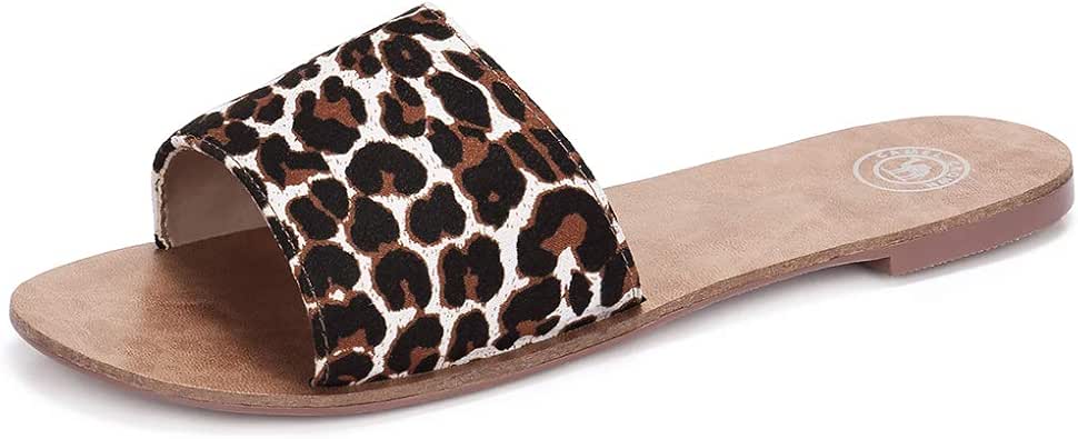 Amazon.com | CAMEL CROWN Women's Slide Sandals Open Toe Low Heel Slip on Single Band Leopard 
