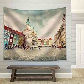 Poznan, Posen Market Square, Old Town, Poland. Town Hall and Colourful Historical Buildings. Vintage - Fabric Wall Tapestry Home Decor - 51x60 inches