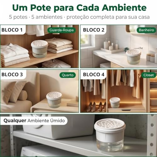 Kit Antimofo Evita Mofo Antiumidade | Refil 1Kg + 5 Potes Reutilizáveis para Guarda-roupas e Gavetas