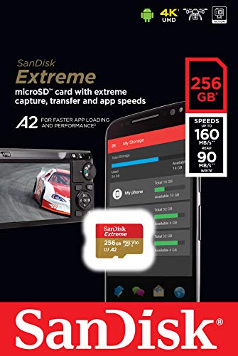 SanDisk 256GB Extreme microSDXC, U3, C10, V30, UHS 1, 160MB/s R, 90MB/s W, A2 Card, for 4K Video Rec on Smartphones, Act