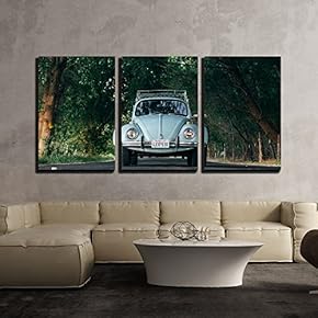 Vintage Car Driving The a Lane with Trees x3 Panels