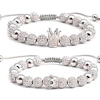 Massive Beads Luxury CZ Imperial Crown Braided Copper Bracelets with 8mm Micro Pave Cubic Zirconia Beads Pulseira Bangle Charm Jewelry (8.00, Silver for Couple)