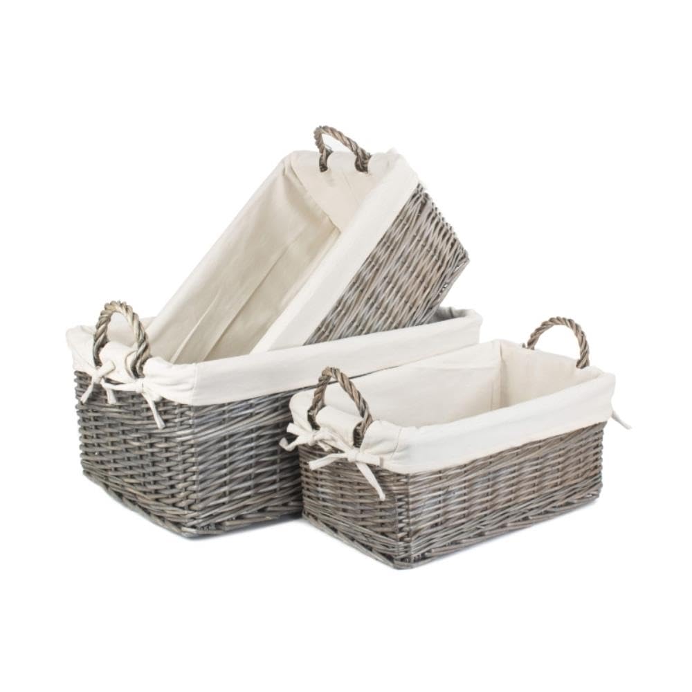 Red Hamper Shallow Lined Antique Wash Storage Wicker Basket Set of 3, Brown