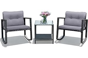 Tangkula 3 Pieces Patio Wicker Rocking Bistro Set, Outdoor Rocking Chair Furniture Set w/Cushioned Seat, Conversation Set w/Glass Coffee Table and Storage Shelf (Gray)