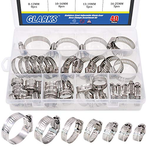 Hose Clamp Set, Glarks 40-Pieces 304 Stainless Steel Adjustable 8-44mm Range Worm Gear Hose Clamps Assortment Kit, Fuel Line Clamp for Water Pipe, Plumbing, Automotive and Mechanical Application