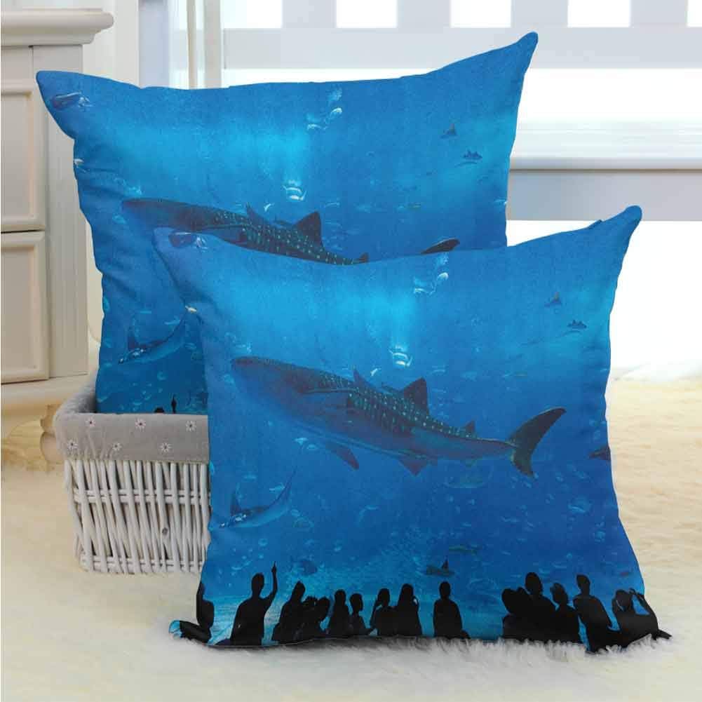 DuckBaby Living Room Sofa Hug Pillowcase Shark,Japanese Aquarium Park with People Silhouettes Watching Underwater Life Hobby Image, Blue Black W24 x L24 inch x 2