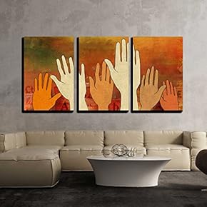 3 Piece Canvas Wall Art - Illustration - Group of Raised Hands Over a Colorful and Textured Background - Modern Home Art Stretched and Framed Ready to Hang - 16"x24"x3 Panels