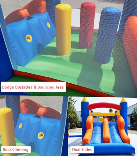HuaKastro 16.3x7.2FT Kids Bouncy Castle Inflatable Obstacle Course with Dual Racing Slides, Crawl Tunnels, Climbing, Obstacles, Jumping All in One, Great for Children's Outdoor Party - with Blower