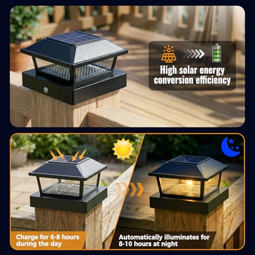 btfarm 4 Pack 4x4 Solar Post Caps Lights, Fence Post Solar Powered Lights with Edison LED Bulbs for Vinyl Wooden Posts, Waterproof Retro Deck Post Light Outdoor for Patio Garden Porch, Warm White
