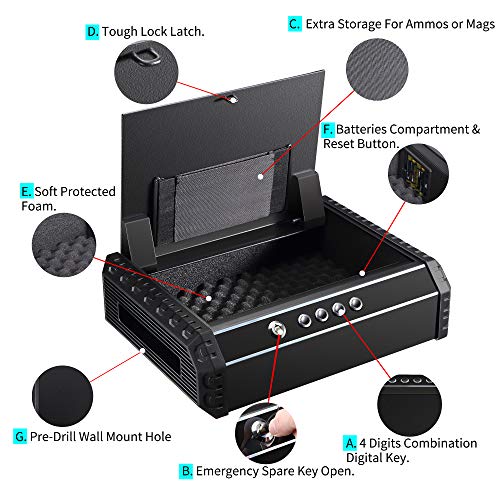 Champs Pistol Safe, Quick Access Gun Safe with 4 Digits Combination Code, Automatic Lid Open, Wall Mount Security