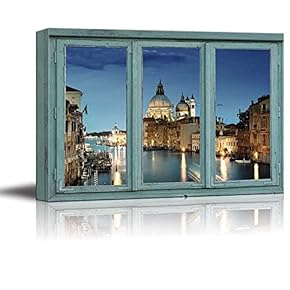 Canvas Wall Art - 3 Frame Window Looking into a City with a Church at Night Beside a River - Giclee Print Gallery Wrap Modern Home Art Ready to Hang - 24x36 inches