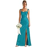 Eightale Satin Bridesmaid Dresses for Women Long Mermaid Square Neck Ruched Formal Evening Gown
