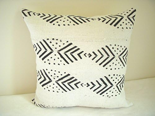 African Mudcloth Pillow Cover Black Cream Fish Hand Woven Hand Painted Nubby Arrows Squares Dots Zipper Boho Ethnic Prairie Country Rustic