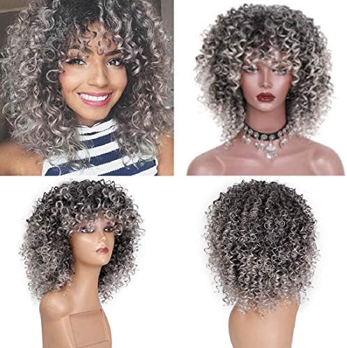 Yeefant 15inch Women's Hot Afro Curly Mix Gray Hair Wig with Bangs Synthetic New Arrival Cheap Wigs Hair Wigs Daily Cosplay Costume Party Hair Replacement Hair Extension for Black Women