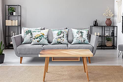 Throw Pillow Covers,Teal Unicorn Pillowcase,Decorative Pillows,Outdoor Pillow Covers, Pillow Covers 18x18,Throw Pillows,Couch Pillows,Unicorn Pillows,Unicorn Decor for Girls Room,Bed Gifts Set of 4