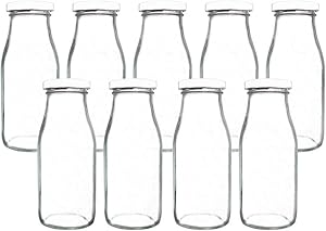 YEBODA 11oz Glass Milk Bottles with Reusable Metal Twist Lids and Straws for Beverage Glassware and Drinkware Parties, Weddings, BBQ, Picnics, Set of 9