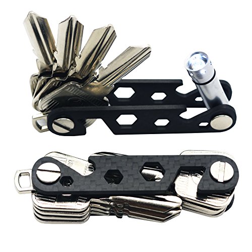 Compact Key Holder for Quick and Secure Key Attachment on Keyrings, Carbon Fiber Key & Fob Organizer with Built-in Bottle Opener, Includes Car Hook and LED Light
