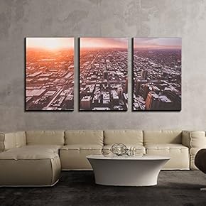3 Piece Canvas Wall Art - Chicago City Skyline,USA - Modern Home Art Stretched and Framed Ready to Hang - 16"x24"x3 Panels