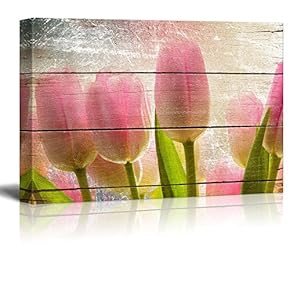 Pink and Yellow Tulips - Rustic Floral Arrangements - Pastels Colorful Beautiful - Wood Grain Antique - Canvas Art Home Art - 12x18 inches