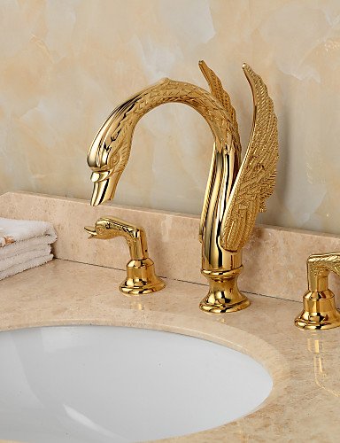 ACE Faucet- Golden Handles Deck Mounted Ornate Swan Sink Mixer , Gloden