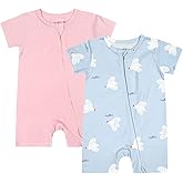 Teach Leanbh Baby Boys Girls 2 Pack Bamboo Viscose Pajamas 2 Way Zipper Short Sleeve Romper Jumpsuit Sleep and Play