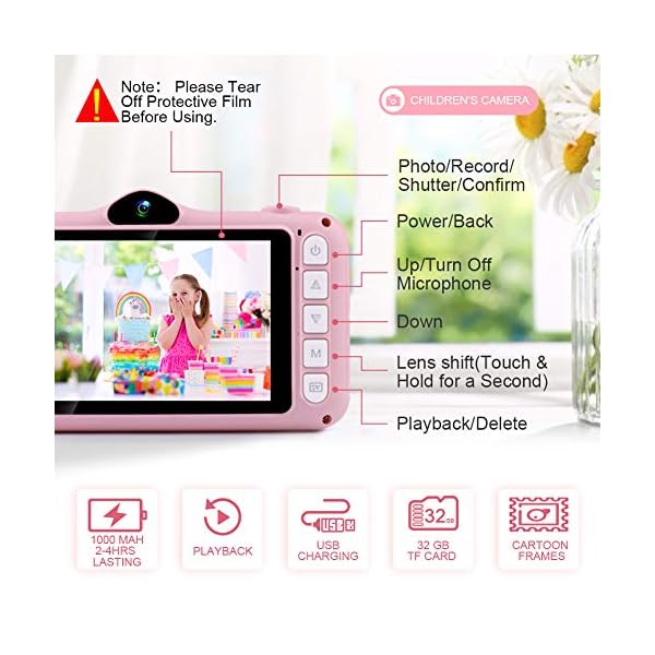 Kinderkamera - Digitalkamera, mit 3,5-Zoll-Großbildschirm 1080P HD 12MP Eingebaute 32GB SD-Karte USB Wiederaufladbare Selfie Kamera für 3-10 Jahre Alter Mädchen Geburtstag Kinder Spielzeug, Rosa – Bild 7