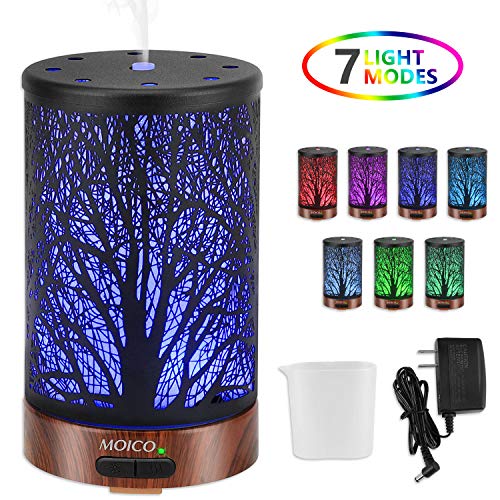 Essential Oil Diffuser MOICO Ultrasonic Cool Mist Oil Diffuser with Waterless Auto Shut-Off Protection,7 Colors Changed LED 100ml Capacity Metal Aromatherapy Diffuser （Tree）
