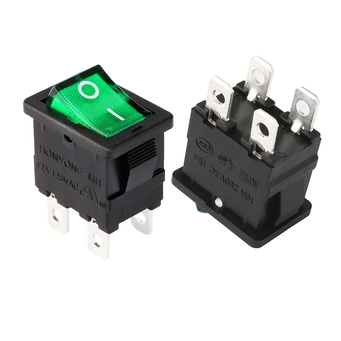 Sourcingmap 5Pcs AC 12A/125V 10A/250V DPST 4P 2 Position Green LED Light Boat Mini Rocker Switch On Off Button for Safety