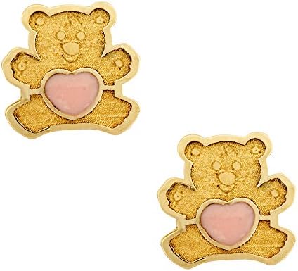 14K Yellow Gold Enameled Heart Teddy Bear Stud Kids Earrings With Safety Screw Backs (Pink)