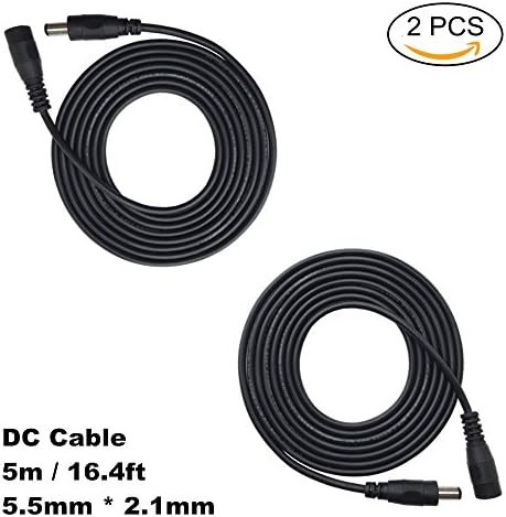 DZYDZR 2pcs 5 Meter 2.1mm x 5.5mm DC 12V Adapter Cable DC Plug Extension Cable Male to Female Black, for LED, CCTV, Car, Monitors, and More (16.4ft)