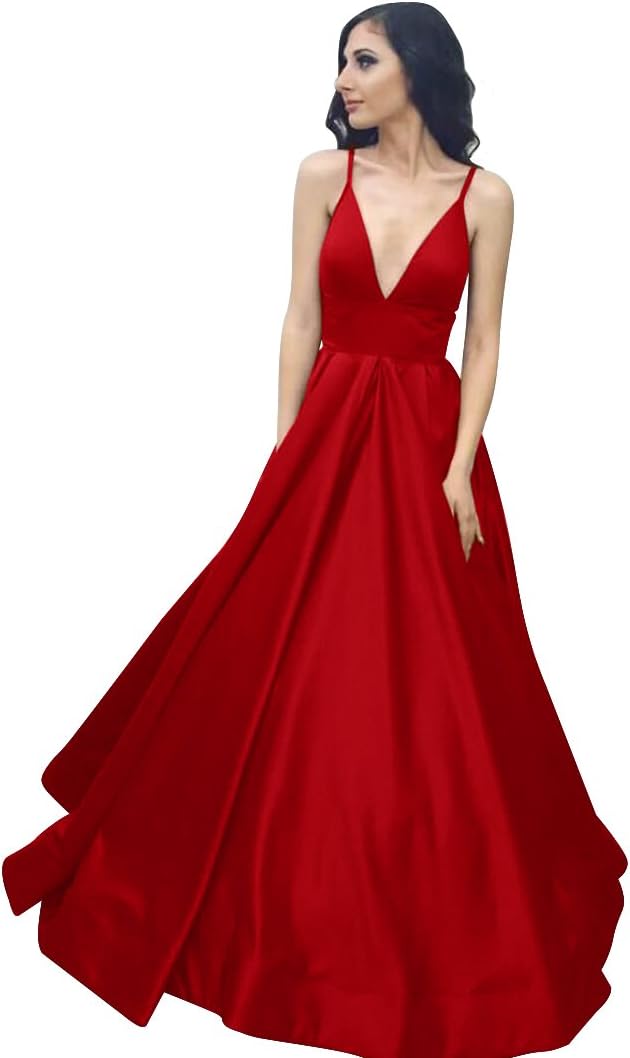 Long Spaghetti Straps Satin Ball Gown Prom Dresses With Pockets