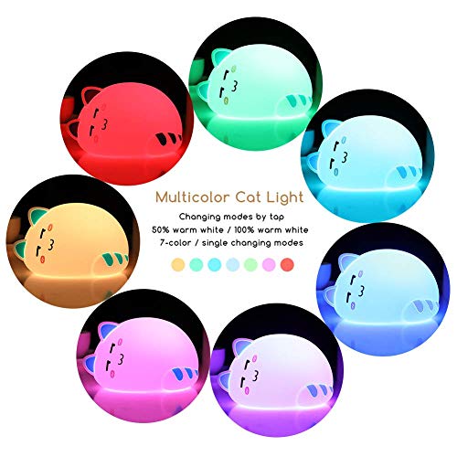 Kids Night Light Kitty Cat Silicone Lamp Soft Touch with Tap Control & Remote Rechargeable RGB Color Changing, Xmas Gift for Boys/Girls Infant Toddler - Thumbnail 5