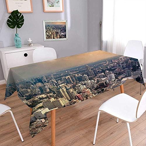 Jiahonghome Square Solid Tablecloth View of Bangkok City Metropolis Big Town Foggy Air Asian Panorama Art Cream Stain Resistant, Washable, Liquid Spills Bead up