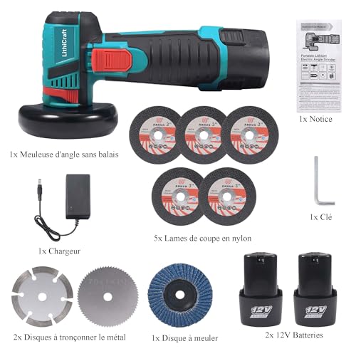 Mini Cordless Angle Grinder 12V 76mm Brushless Motor 19500rpm with 2 x 1500mAh Batteries & 8 Discs Electric Cutting Tool for Metal, Wood, Tile and PVC