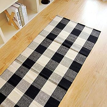 24''x70.8'' - 100% Cotton Plaid Rugs Black/White Hand-Woven Checkered Door Mat Washable Rag Throw Rugs, Reversible Black and White Plaid Rug