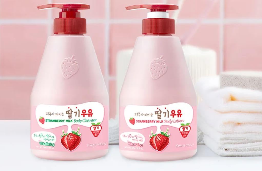 WELCOS KWAILNARA Milk Body Cleanser and Body Lotion Set (STRAWBERRY MILK) 560G EACH