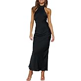Phicia Sexy Satin Halter Neck Backless Maxi Dress for Women Elegant Tie Cowl Back Formal Wedding Guest Dress for Summer