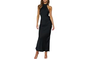 Phicia Sexy Satin Halter Neck Backless Maxi Dress for Women Elegant Tie Cowl Back Formal Wedding Guest Dress for Summer