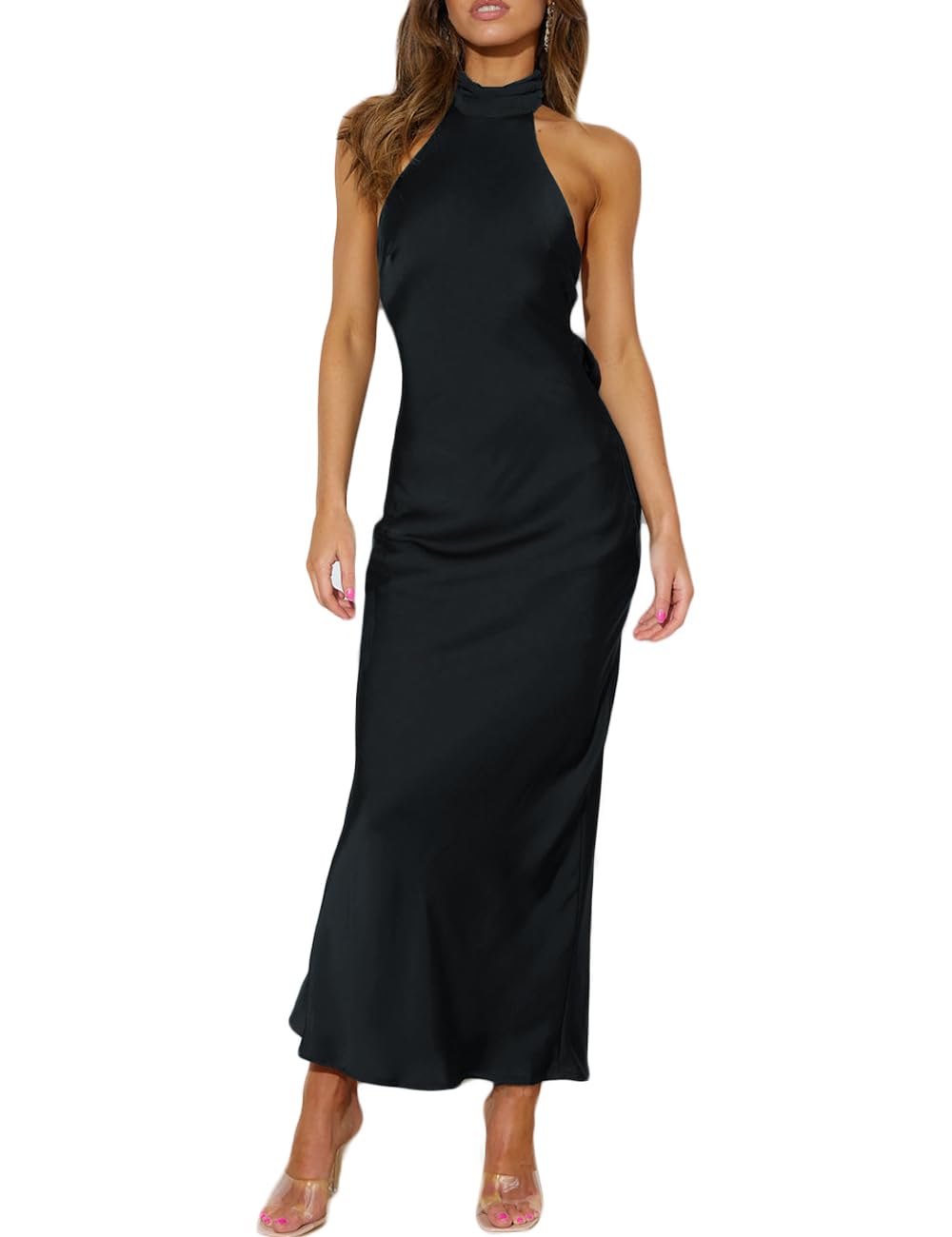 Photo 1 of Phicia Sexy Satin Halter Neck Backless Maxi Dress for Women Elegant Tie Cowl Back Formal Wedding Guest Dress for Summer Black L 