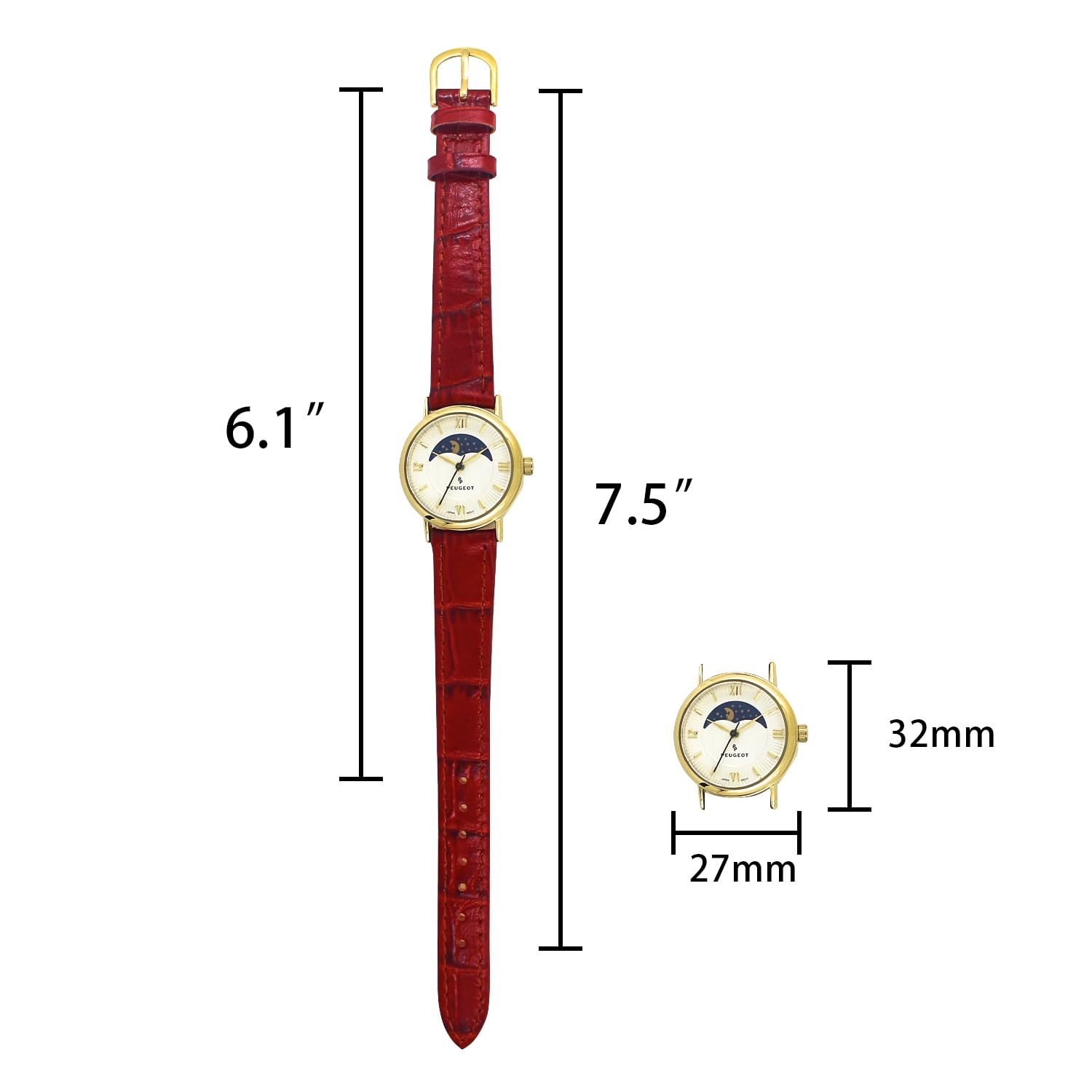 Peugeot Women 14K Plated Sun Moon Phase Vintage Dress Analog Watch with Leather Strap