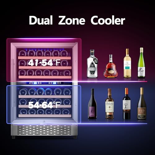 Karcassin 24 Inch Wine Cooler Refrigerator, 46 Bottle Built-in Freestanding Stainless Steel Double Layer Glass Door, Dual Temp Zones Wine Fridge for Red & White Wine with Advanced Cooling System