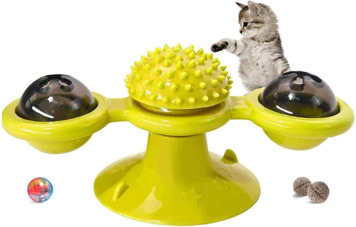 EJG Cat Interactive Rotate Windmill with Carnip and LED Light, self-Groomer Toothbrush Scratcher Games Home Training pet Toy Stress Anxiety Relief (Yellow) : Pet Supplies