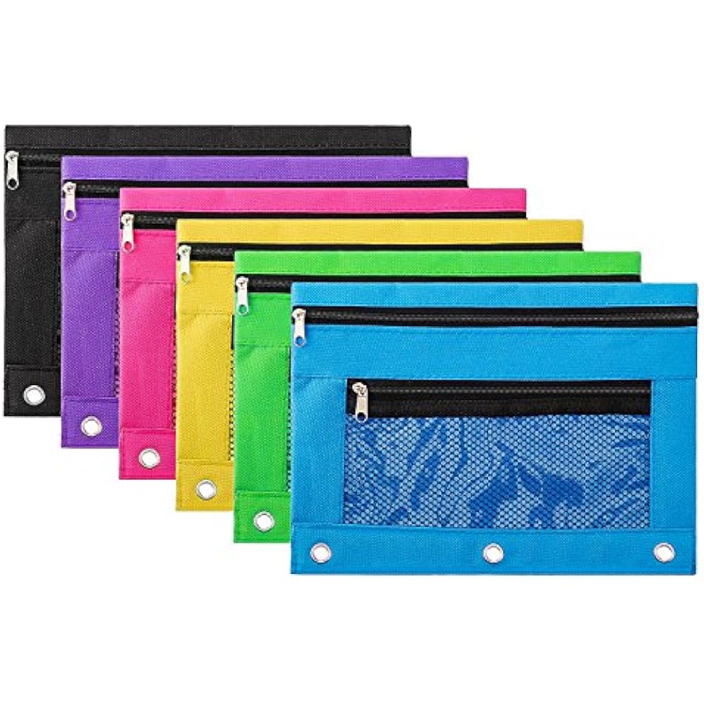 6 Pack Of 3Ring Pencil Pouch Zipper Case With Mesh Window (Multicolor
