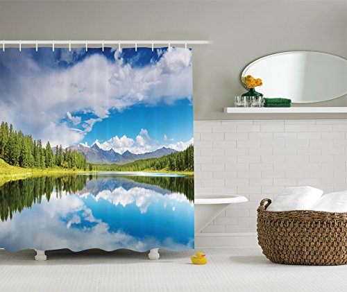 Ambesonne Lakehouse Decor Collection, Lake and Reflection Scene at the Skirts of Altai Mountain Covered with Spring Forest Picture, Polyester Fabric Bathroom Shower Curtain, Blue Green White